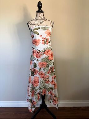 Y2K Mariposa White Floral Strapless Summer Asymmetrical Dress Fairy Whimsy 2000s